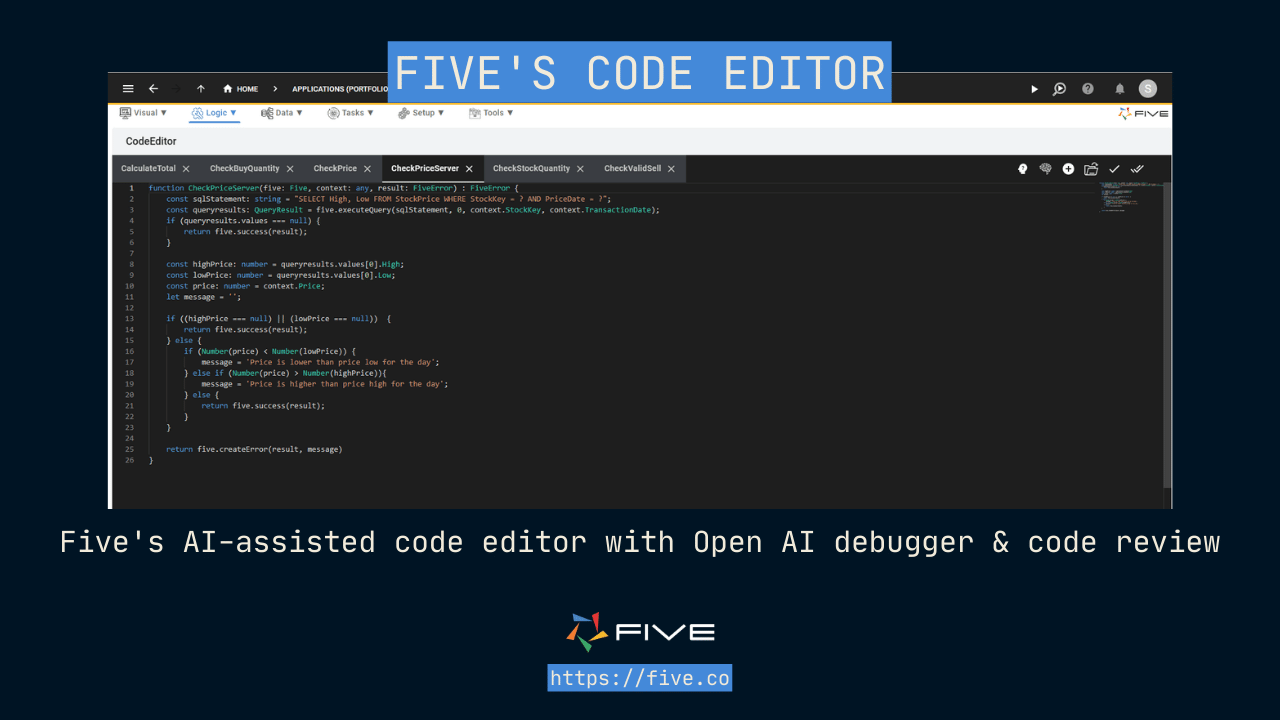 Five.Co - Five's Cloud Development Environment comes with a code editor for JavaScript and TypeScript