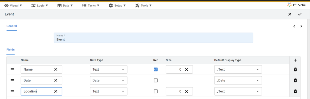 Five lets users create database tables visually